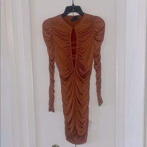 Elegant Ruched Long Sleeve Dress - Rust